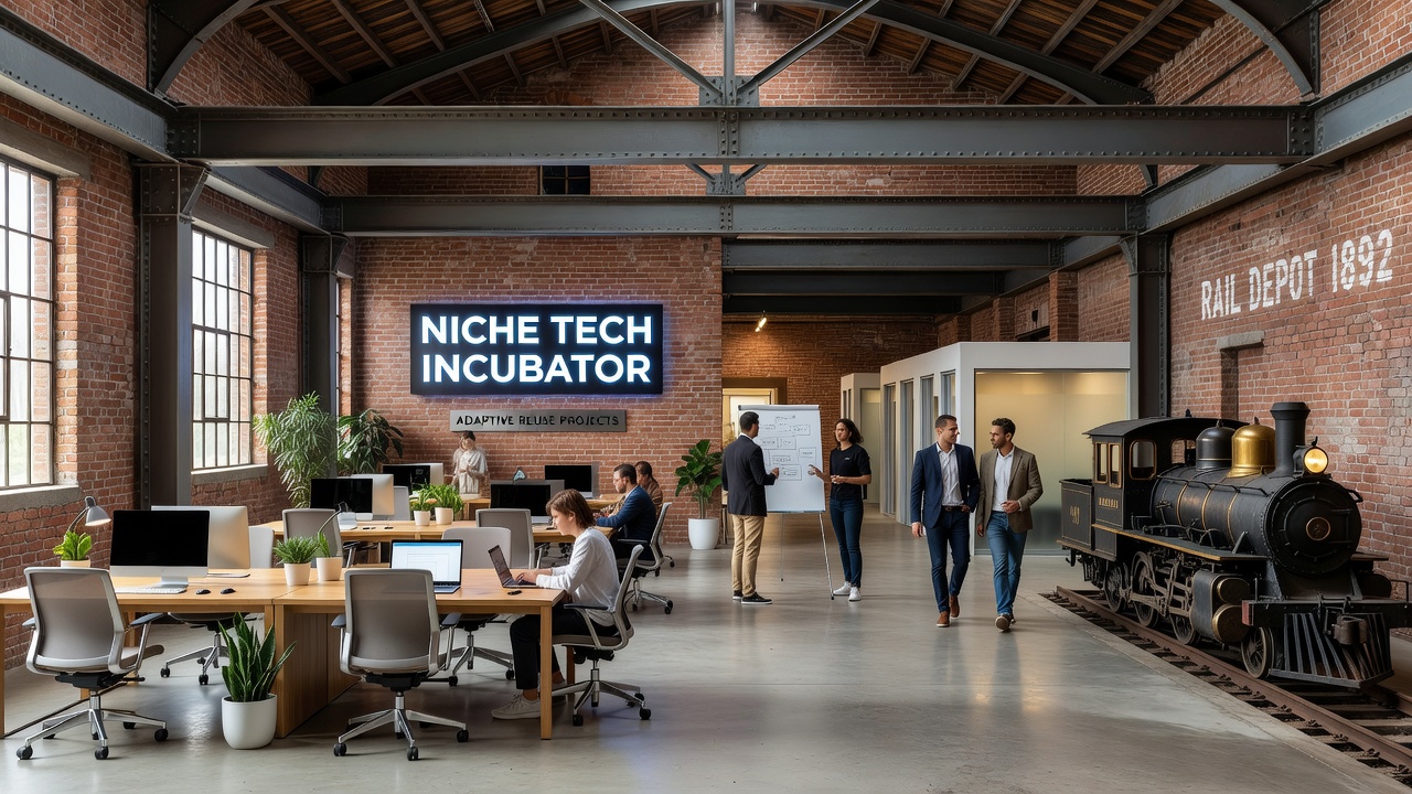 Interior view of converted rail depot showing open tech workspace with preserved industrial architecture