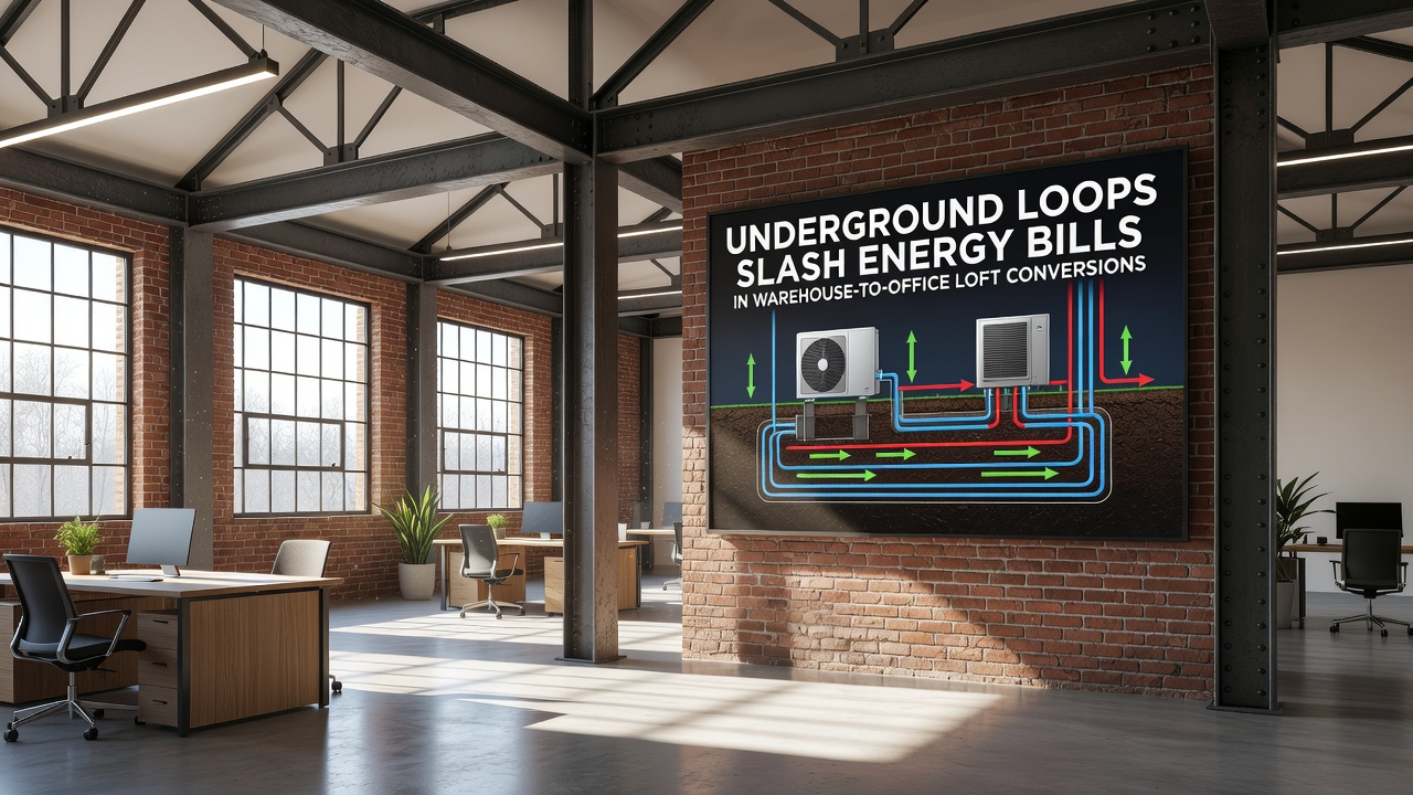 Cross-section diagram of underground geothermal loop installation beneath a converted warehouse floor